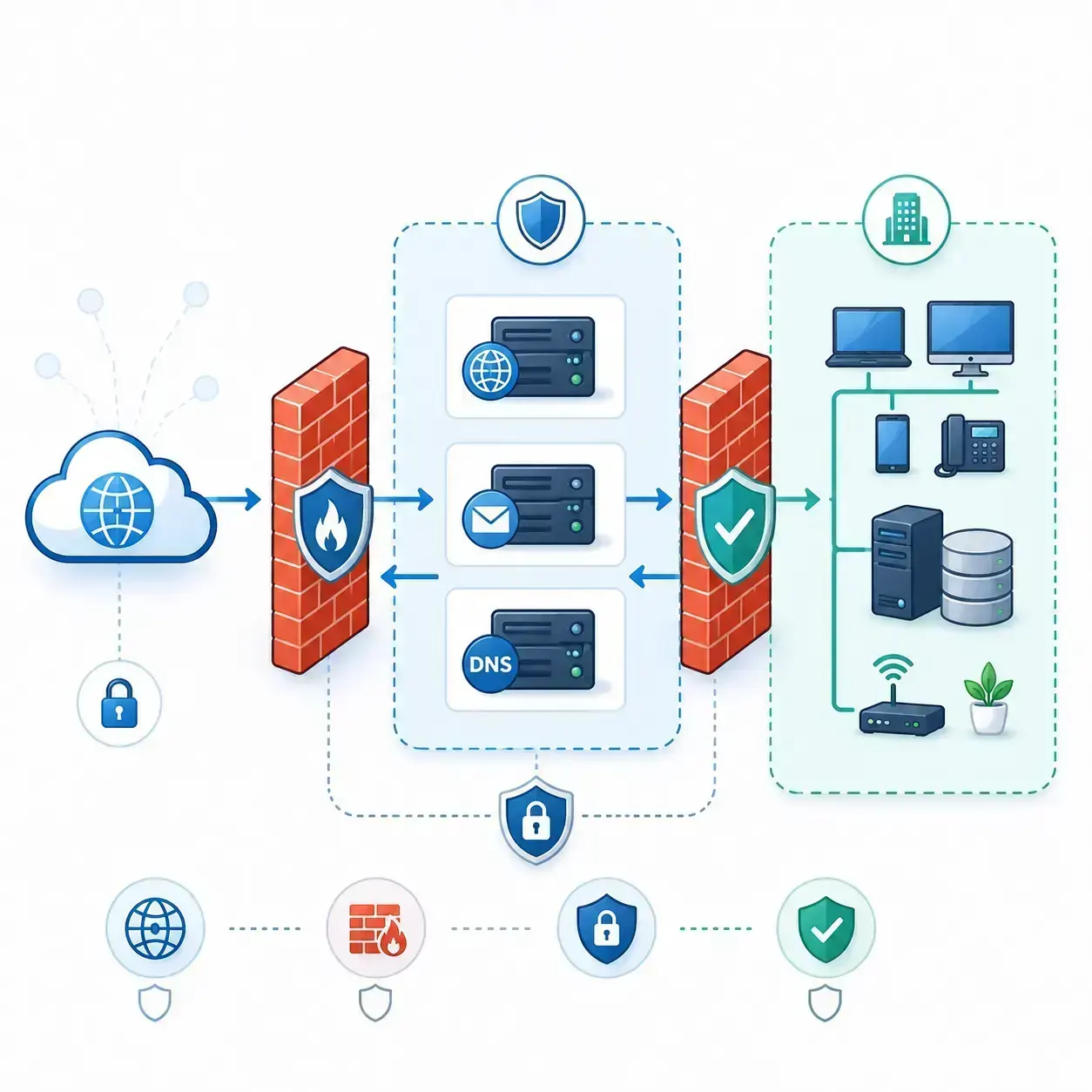 A DMZ network positioned between the internet and an internal corporate network.