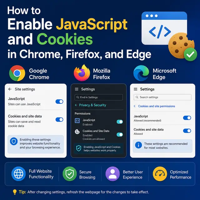 How to enable JavaScript and cookies in Google Chrome, Mozilla Firefox.