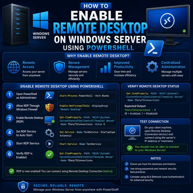 Remote Desktop enabled on Windows Server through PowerShell, with server access, firewall, service configuration.