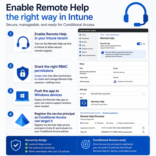 How to enable Remote Help, assign RBAC permissions, deploy the Remote Help app to Windows devices.