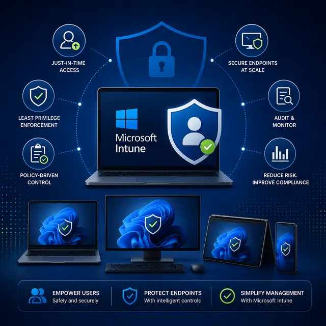 Endpoint Privilege Management in Microsoft Intune, with just-in-time access, least privilege, policy controls, auditing.
