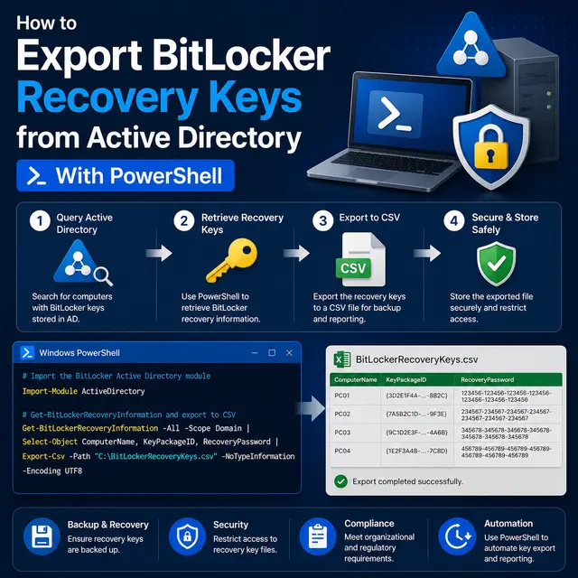BitLocker recovery keys exported from Active Directory to a CSV file using PowerShell.