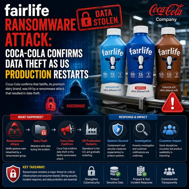 Fairlife ransomware attack news graphic showing data theft, Coca-Cola’s confirmation, restarting US production.