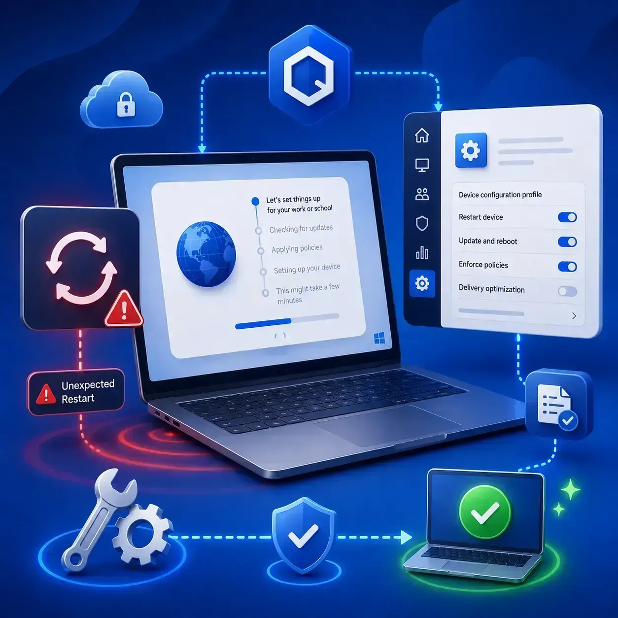 Windows Autopilot OOBE interrupted by unexpected restarts caused by Microsoft Intune policies, with troubleshooting.