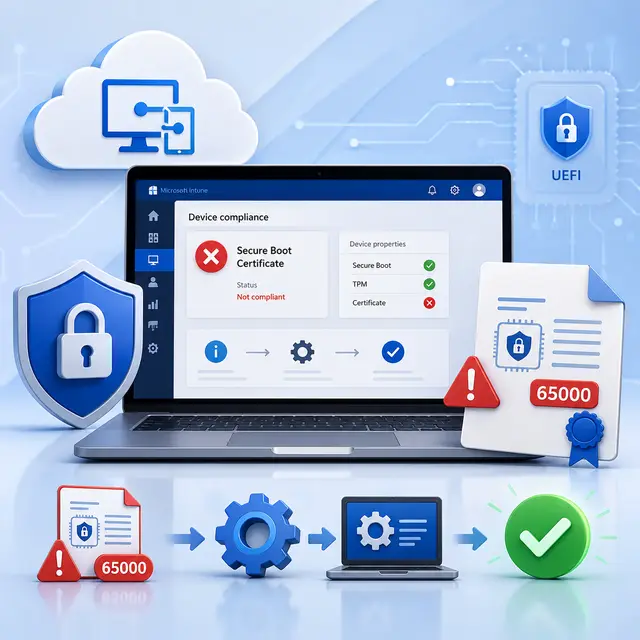 Microsoft Intune Secure Boot certificate compliance error 65000, with UEFI security, remediation.