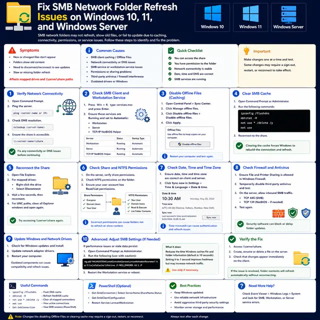 How to fix SMB network folder refresh issues on Windows 10, Windows 11, and Windows Server, including connectivity.