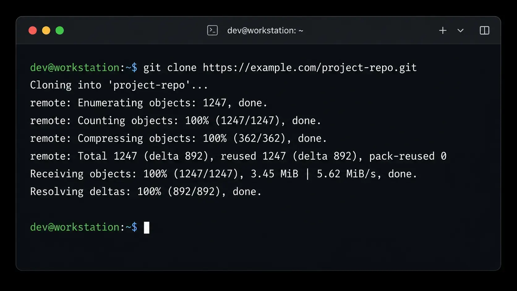 Terminal showing git clone restoring a repository from a remote