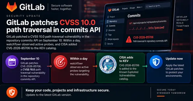Wide GitLab security news cover highlighting CVE-2026-85706, a CVSS 10.0 path traversal vulnerability in the repository commits API, with active probing observed by watchTowr and the flaw added to CISA’s KEV catalog.