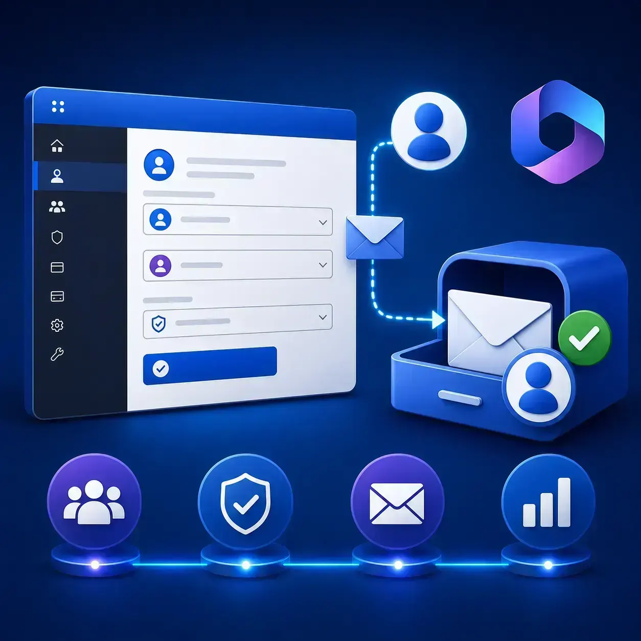 Mailbox access permissions in Microsoft 365, with an admin panel, user accounts, a shared mailbox, security approval.