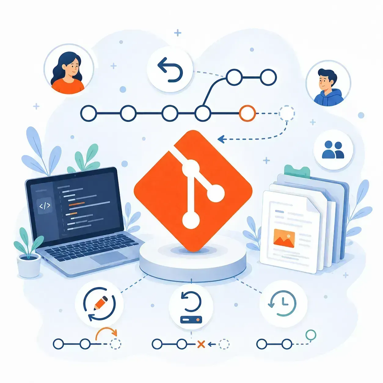 Clean article cover illustration showing the Git logo, commit history, undo arrows, code, files.