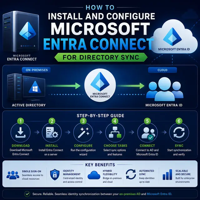 Microsoft Entra Connect synchronizing identities from on-premises Active Directory to Microsoft Entra ID, with installation.