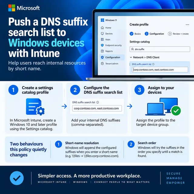 Square Microsoft Intune tutorial cover showing how to deploy a DNS suffix search list to Windows devices with a Settings Catalog profile, enabling short-name access to internal resources and controlling DNS suffix search order.