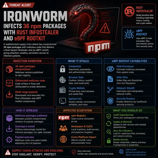 The IronWorm supply-chain attack infecting 36 npm packages with a Rust infostealer and an eBPF rootkit.