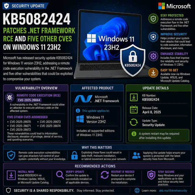 Microsoft update KB5082424, which patches a .NET Framework remote code execution vulnerability and five additional CVEs.