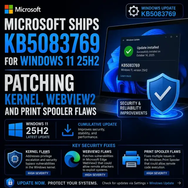 Microsoft update KB5083769 for Windows 11 25H2, addressing kernel, WebView2, and Print Spooler vulnerabilities.