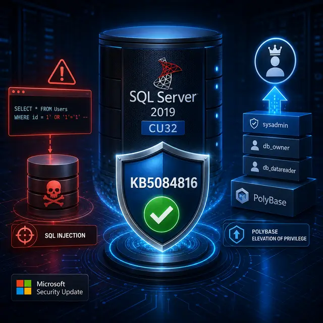 Microsoft security update KB5084816 protecting SQL Server 2019 CU32 from SQL injection and PolyBase elevation-of-privilege.