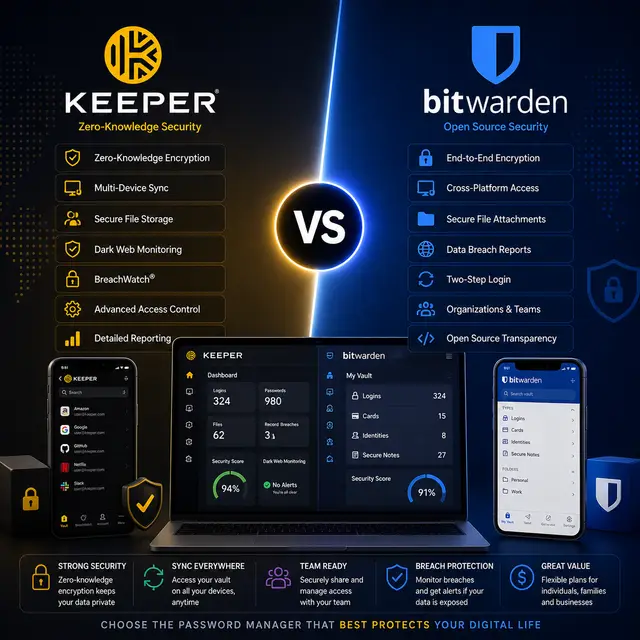 Keeper and Bitwarden, with password vaults, mobile apps, encryption, breach monitoring, cross-platform access.
