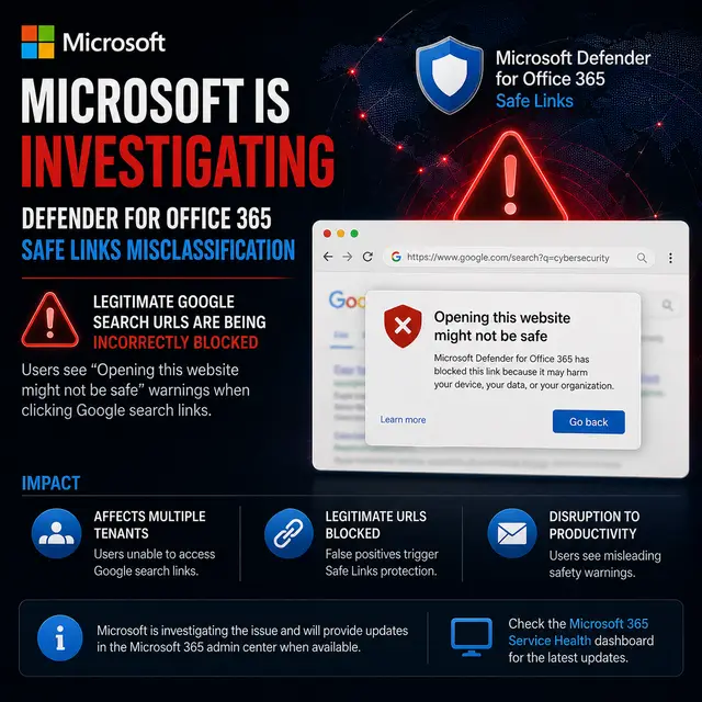 Dark Microsoft news cover showing Defender for Office 365 Safe Links incorrectly blocking legitimate Google search URLs and displaying “Opening this website might not be safe” warnings across affected tenants.