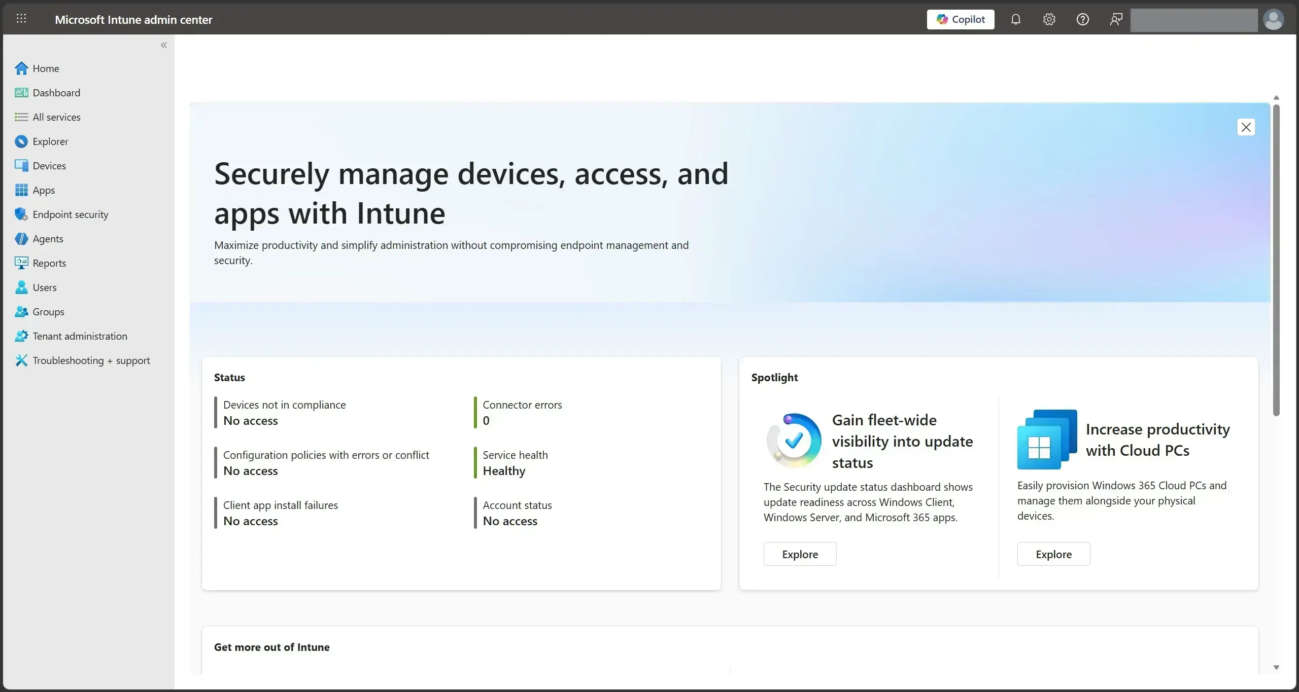 Microsoft Intune admin center home page with the left navigation menu visible