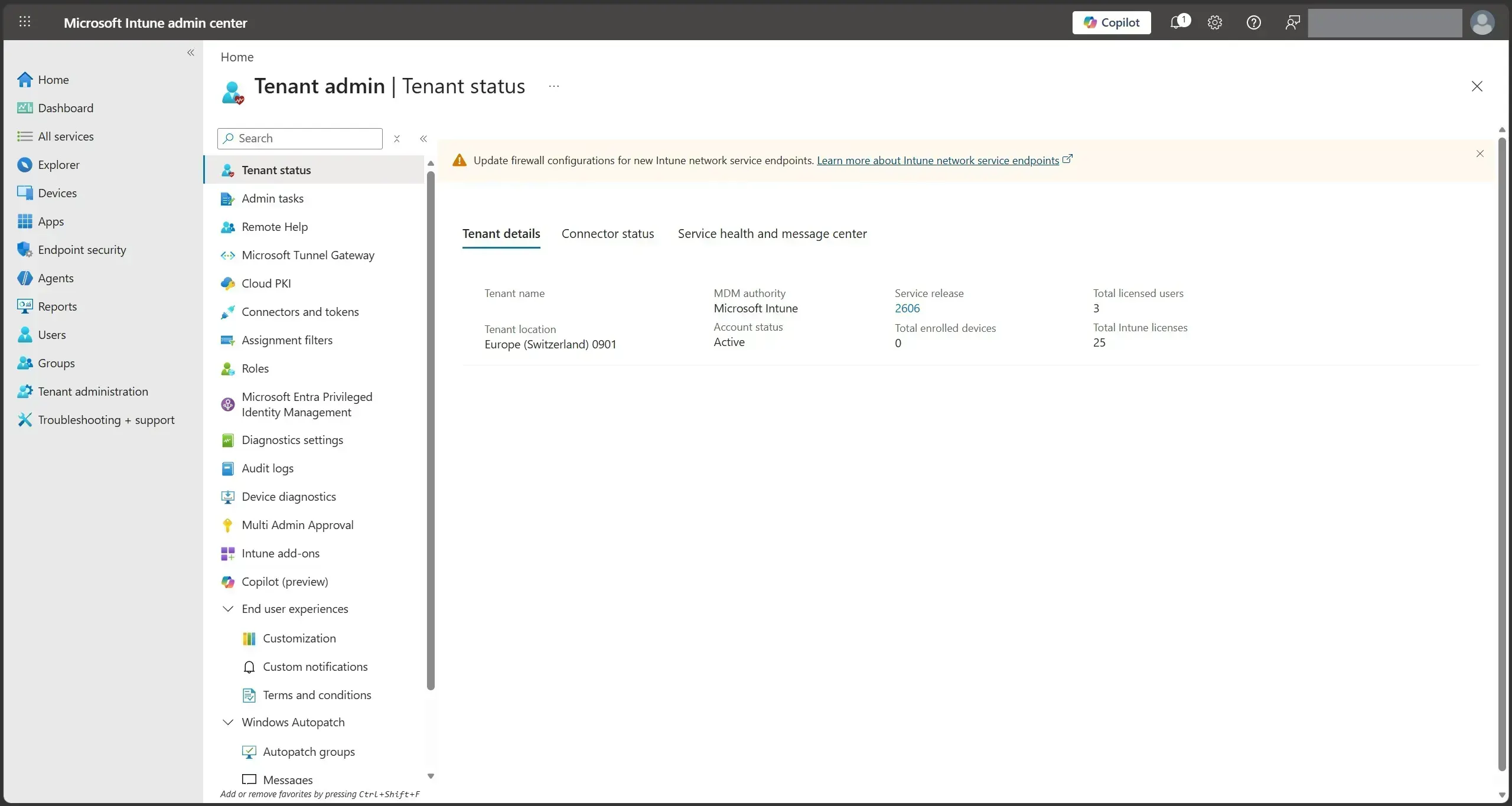 Intune Tenant status page showing the Tenant details, Connector status, and Service health tabs
