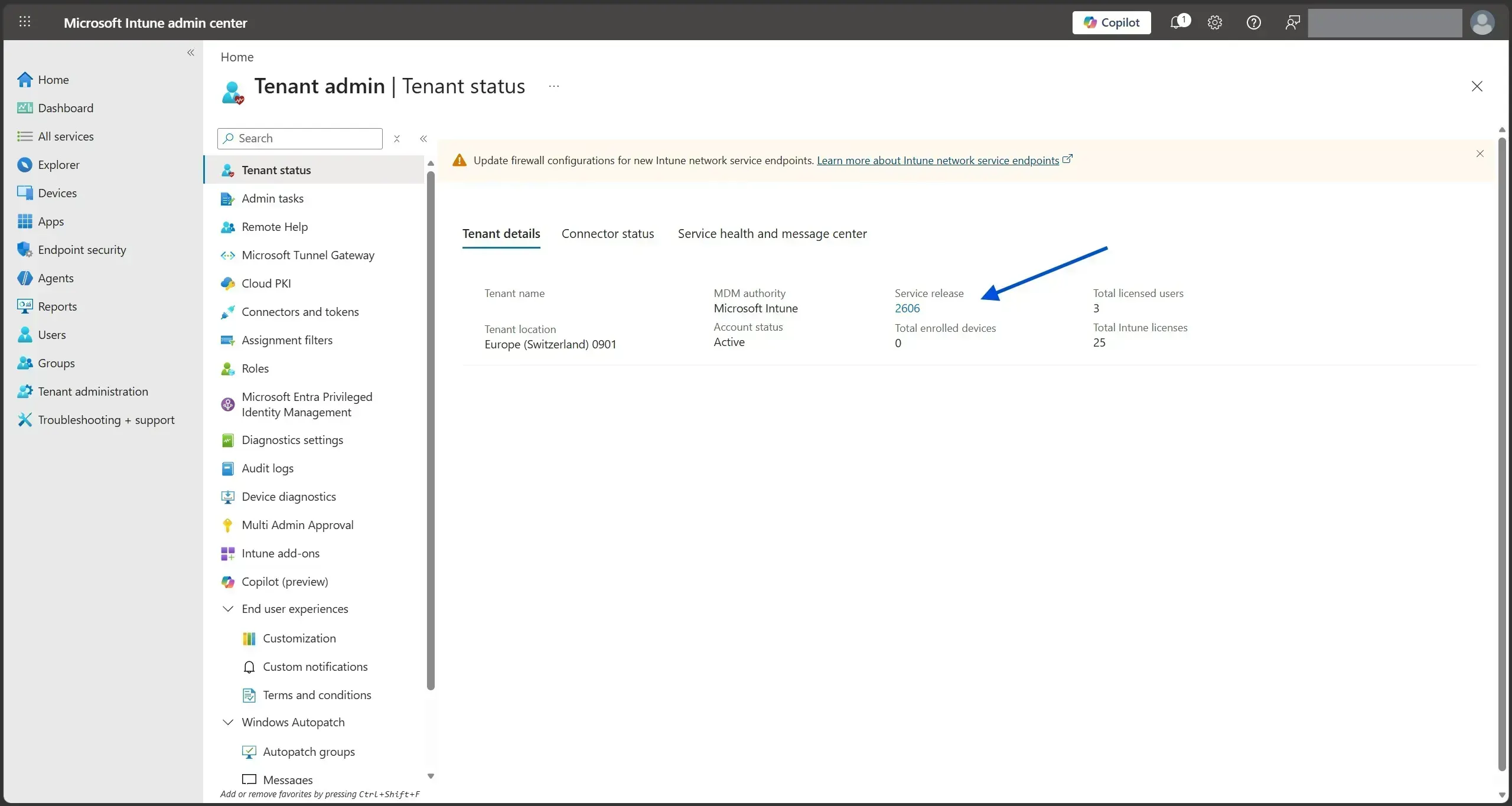 Tenant details tab with the Service release number highlighted