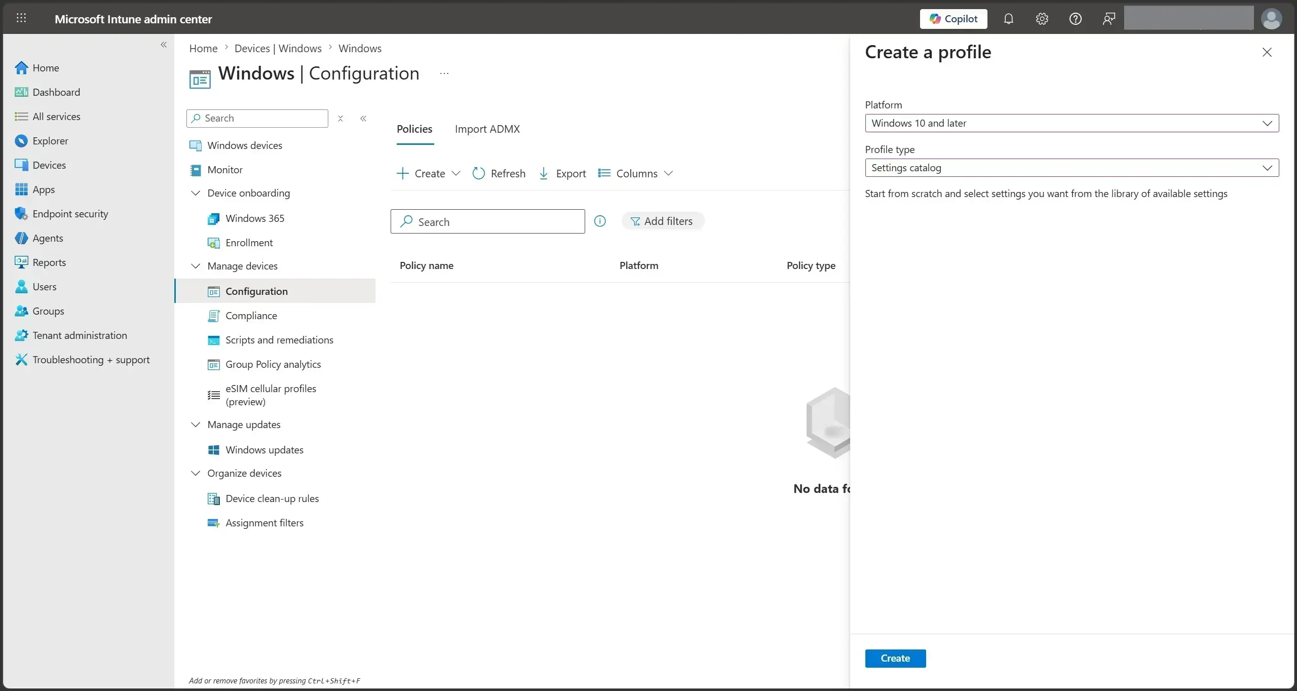 Intune Create a profile screen with Windows 10 and later platform and Settings catalog profile type selected