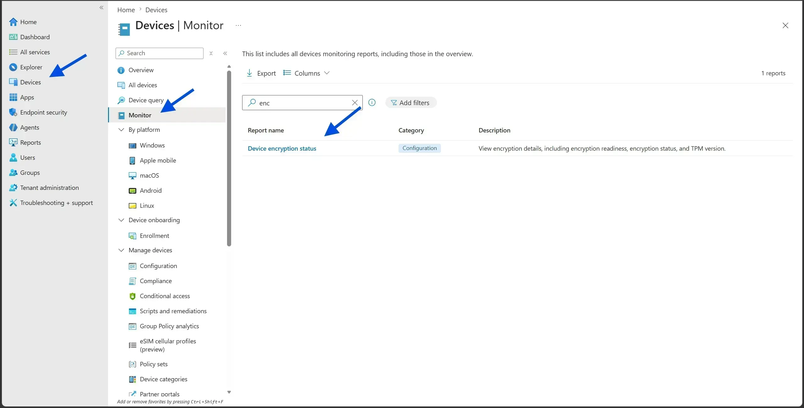 Intune Encryption report listing device encryption status and recovery key presence