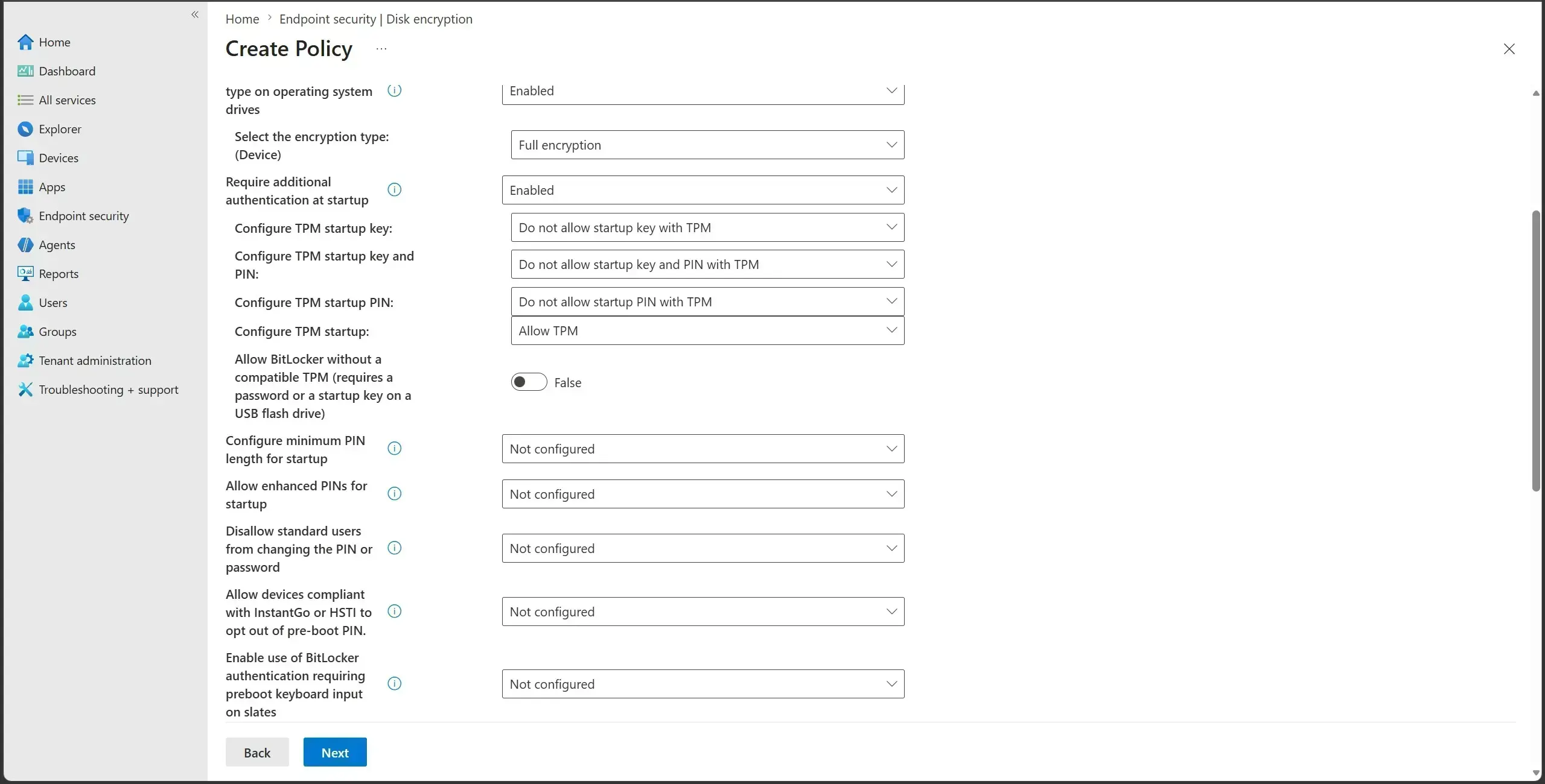 BitLocker OS drive settings with compatible TPM startup required and startup PIN and key blocked