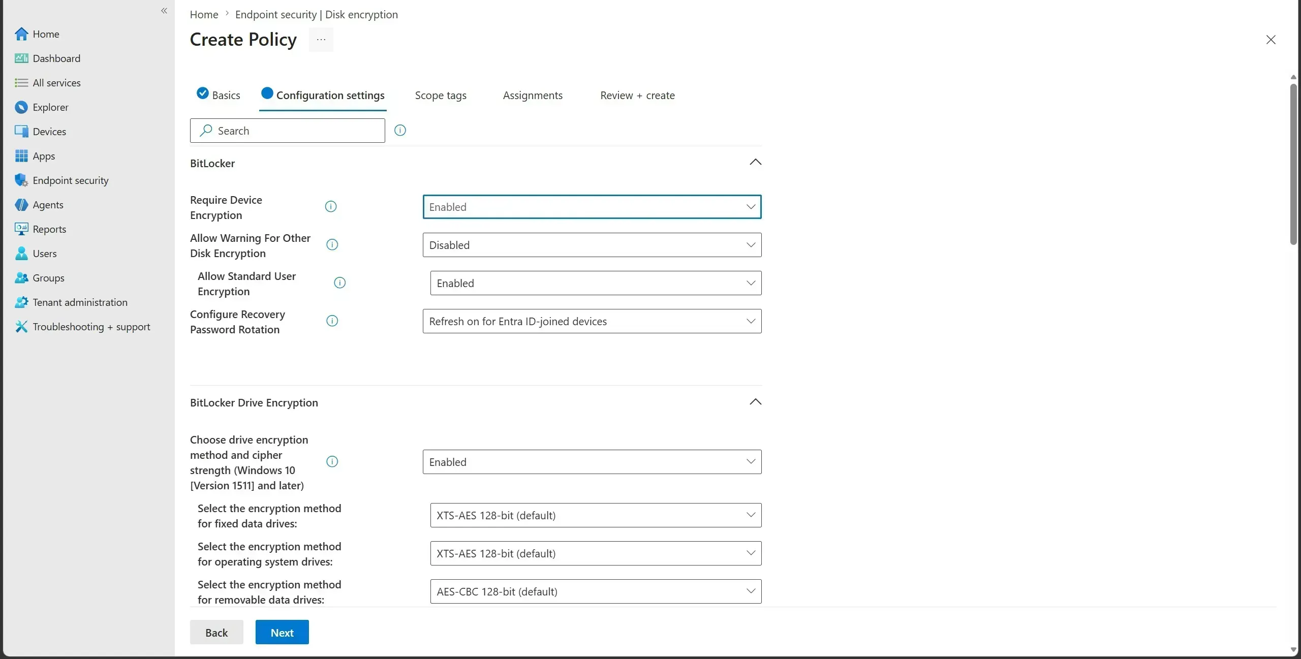 BitLocker profile configuration settings showing encryption method and recovery escrow options