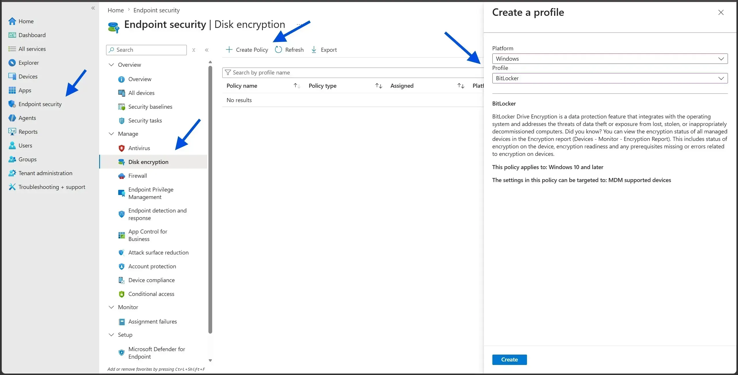 Intune Create Policy dialog with Windows 10 and later platform and BitLocker profile selected