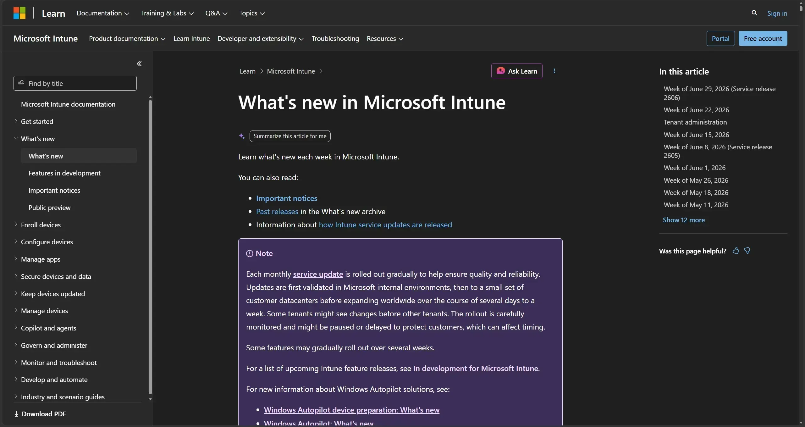 Page Microsoft What's new in Intune
