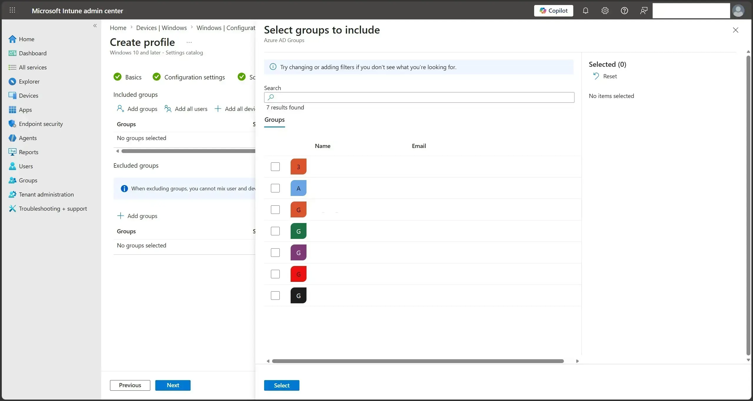 Intune policy Assignments tab with a user security group added to Included groups