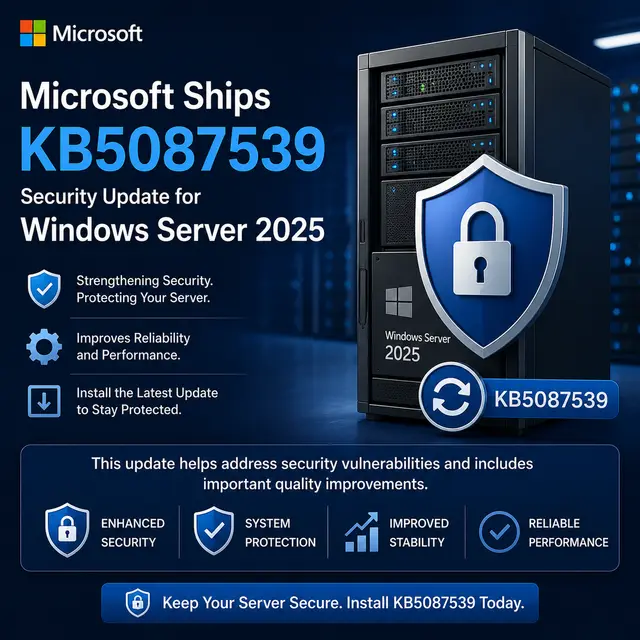 Microsoft KB5087539 security update graphic for Windows Server 2025, featuring a server tower, security shield.