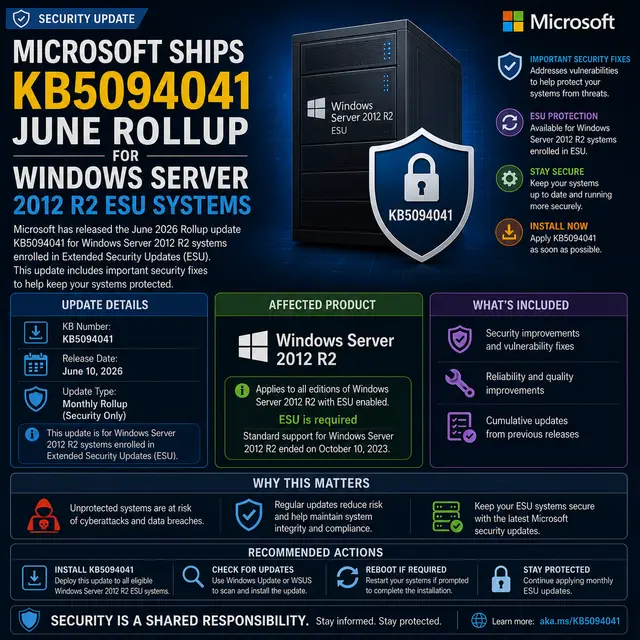 Microsoft update KB5094041, the June 2026 security rollup for Windows Server 2012 R2 systems enrolled in Extended Security.