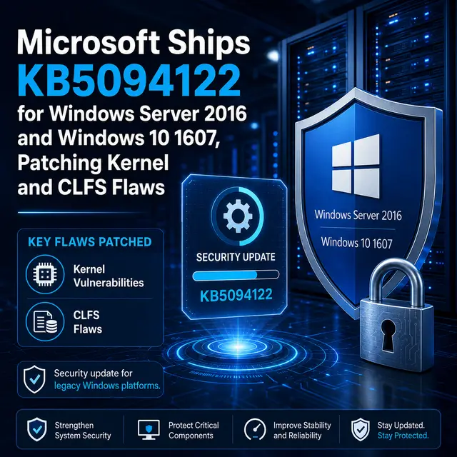 Microsoft KB5094122 security update illustration for Windows Server 2016 and Windows 10 1607.