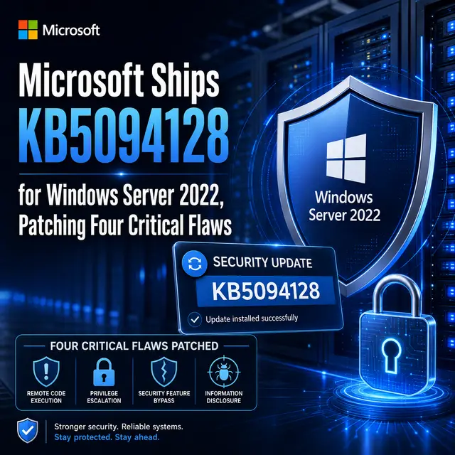 Microsoft KB5094128 security update graphic for Windows Server 2022, showing server racks, a security shield.