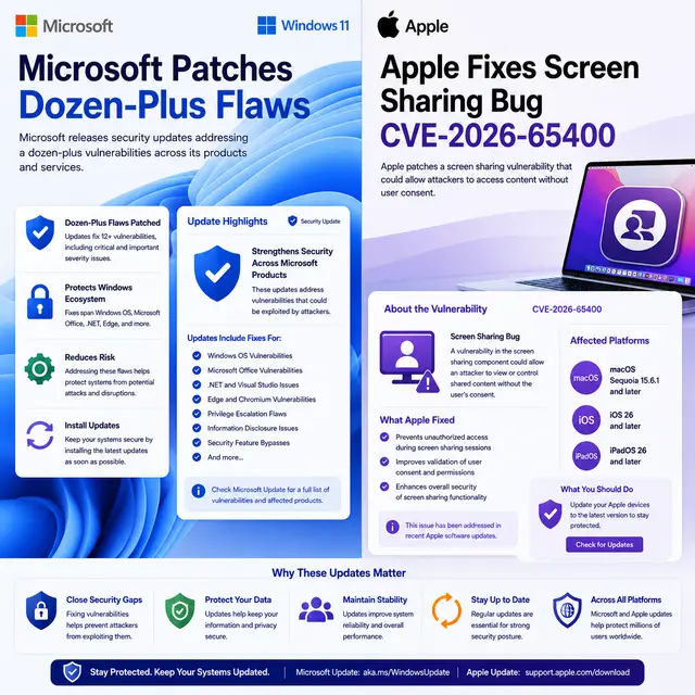 Split cybersecurity infographic showing Microsoft patching more than a dozen security vulnerabilities across Windows.