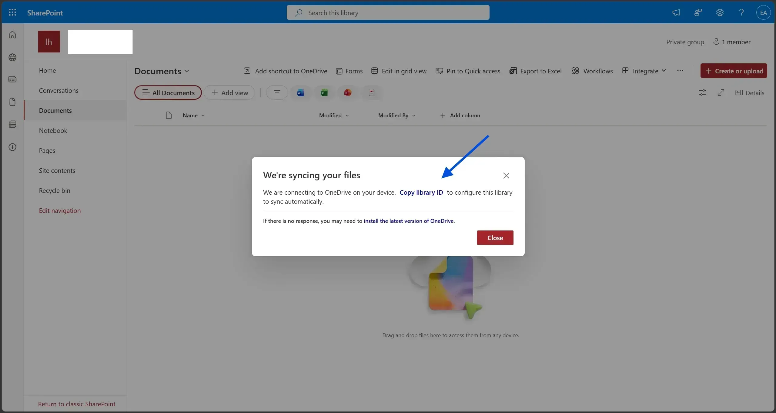 SharePoint library Sync dialog showing the Copy library ID button