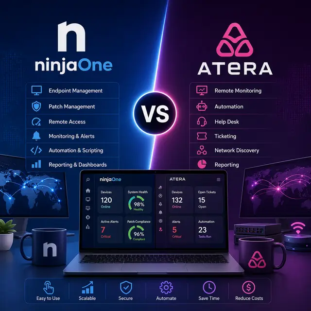 NinjaOne and Atera, with RMM dashboards, endpoint monitoring, automation, patch management, alerts.