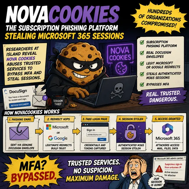 NovaCookies abusing genuine Docusign envelopes and Microsoft or Google redirects to bypass MFA and steal authenticated.