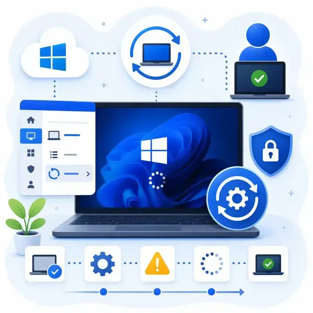 A Windows Autopilot reset in Microsoft Intune, with a central Windows laptop, cloud management, reset, security.