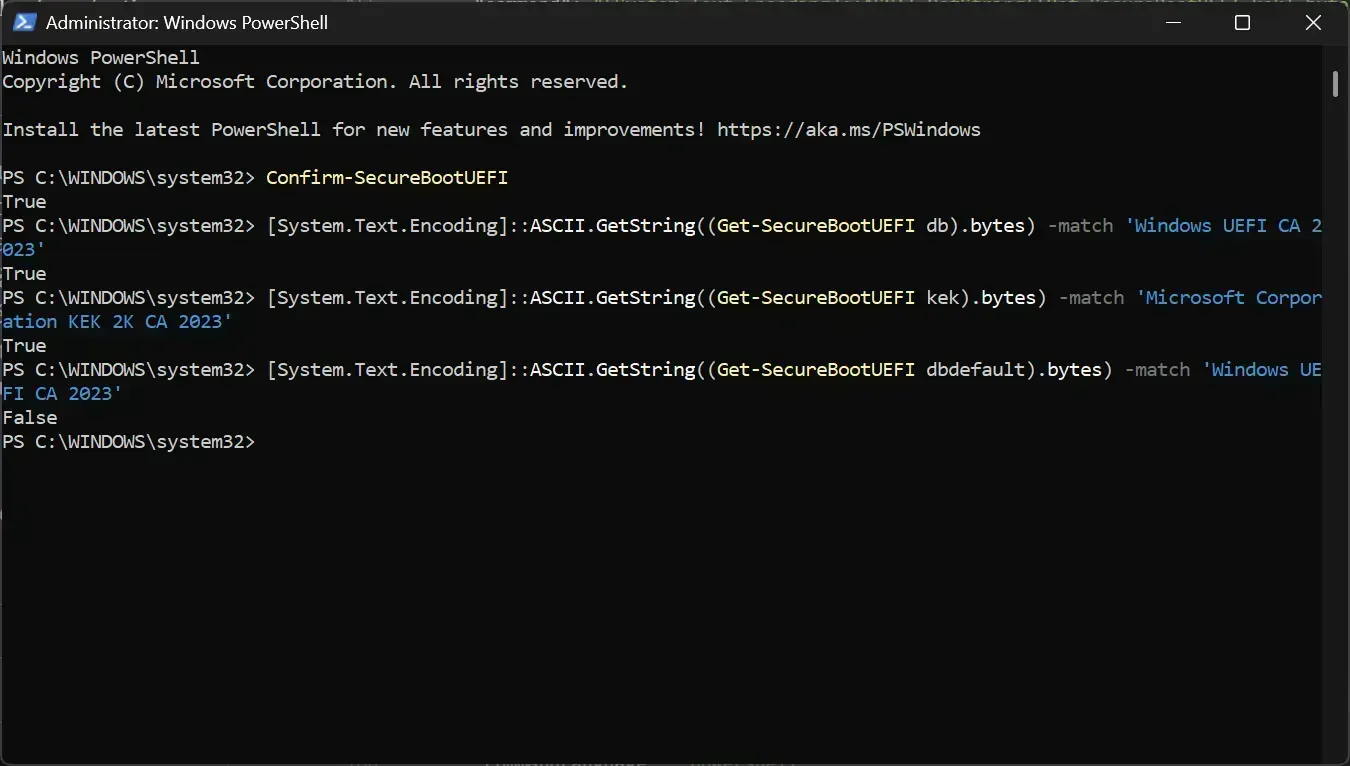 PowerShell returning false for the Windows UEFI CA 2023 db default