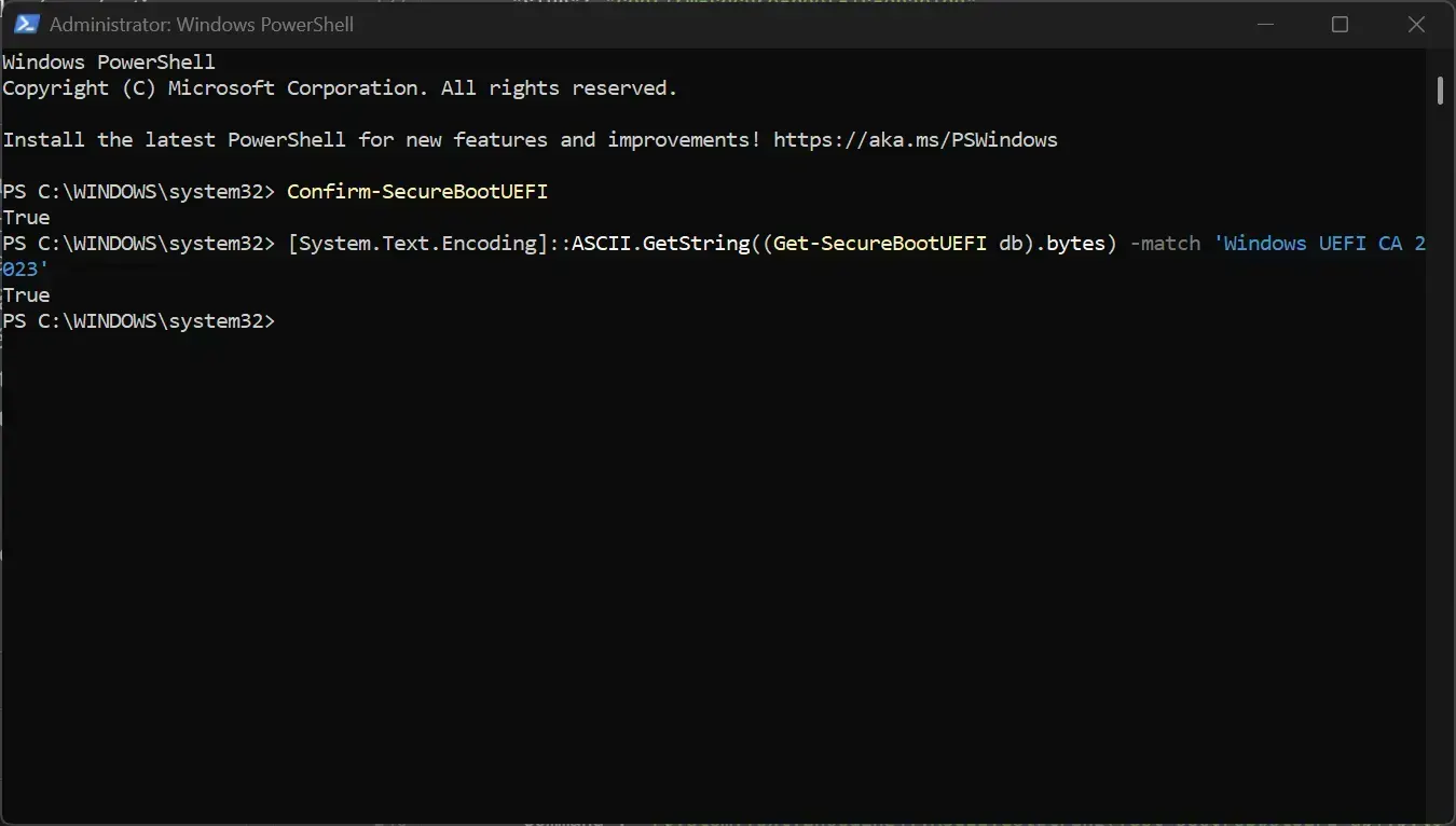 PowerShell returning True for the Windows UEFI CA 2023 db check