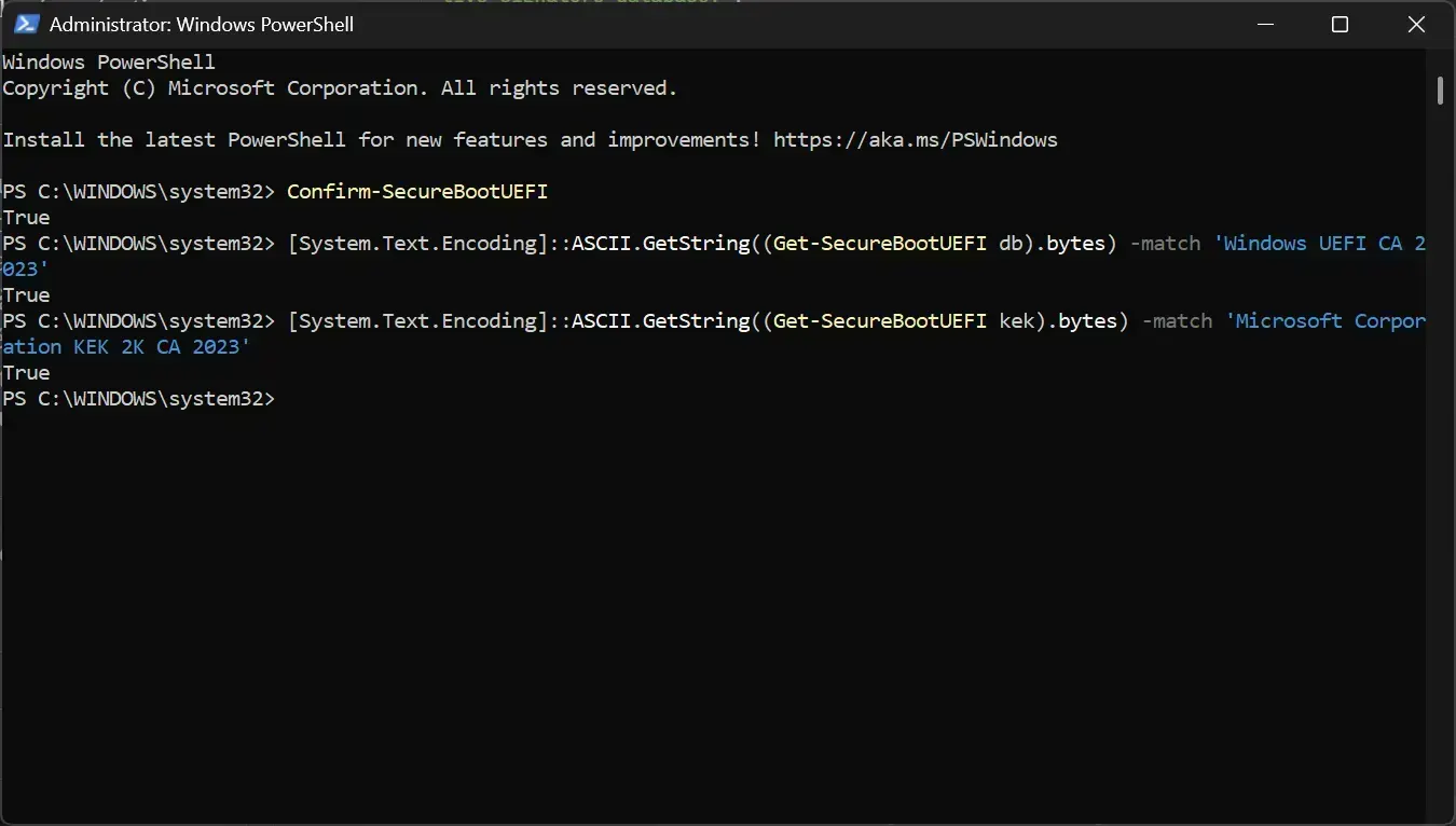 PowerShell returning True for the Microsoft Corporation KEK 2K CA 2023 check