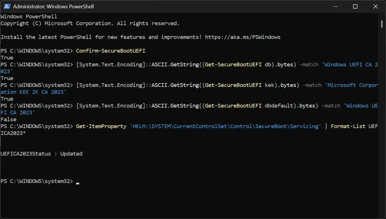 Registry servicing key showing UEFICA2023Status set to Updated