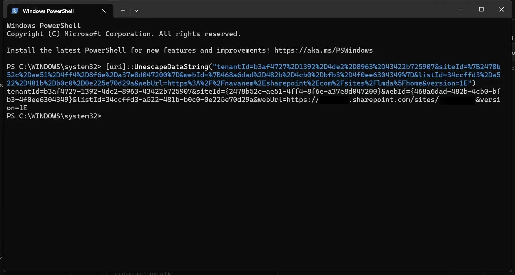 A decoded string showing the site and list identifiers for the library