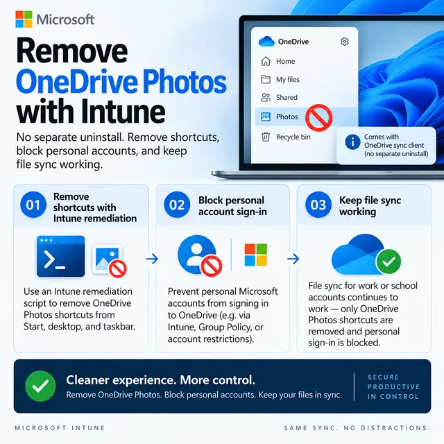 Square Microsoft Intune tutorial cover showing how to remove OneDrive Photos shortcuts, block personal Microsoft account sign-in, and keep OneDrive work or school file synchronization working normally.