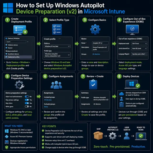 Windows Autopilot Device Preparation v2 configured in Microsoft Intune, with group assignment, policy setup.