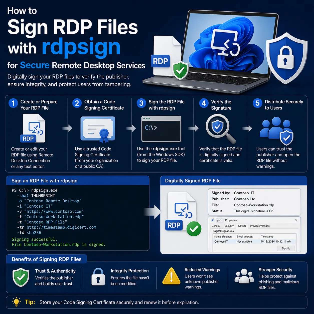 How to digitally sign RDP files with rdpsign, using a code-signing certificate, certificate thumbprint.