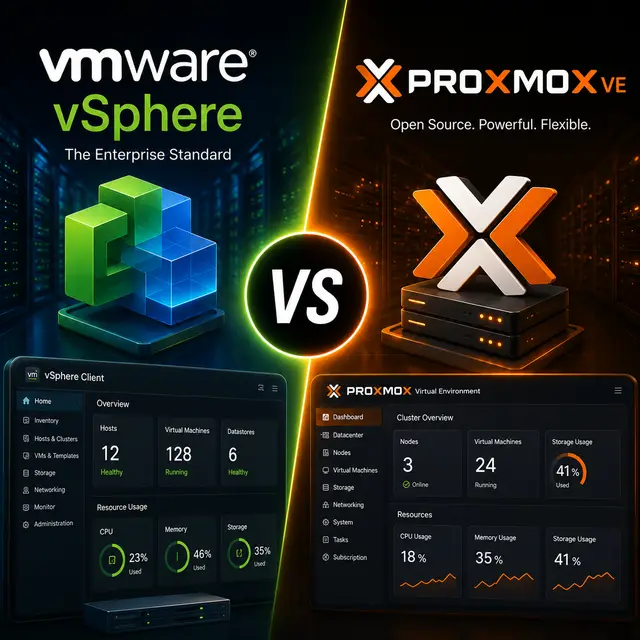 VMware vSphere and Proxmox VE, with virtualization platforms, server infrastructure, management dashboards.